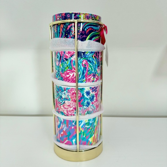 BWNT! Lilly Pulitzer Cappuccino Mug Set of 4 Stackable in Metal Gold Toned Stand - Picture 4 of 5